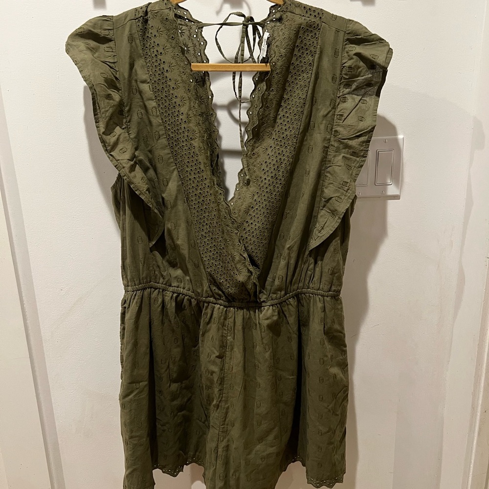American Eagle Outfitters Olive Green Cotton Lace Romper Playsuit Ruffle Sleeve